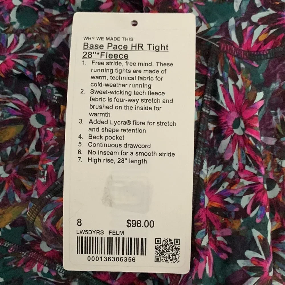 NWT New LULULEMON Base Pace HR High Rise Tight 28” Fleece Electric Floral FELM 8